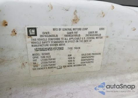 2005 GMC Savana Standard из США, поврежденный, VIN 1GTGG25V551912960